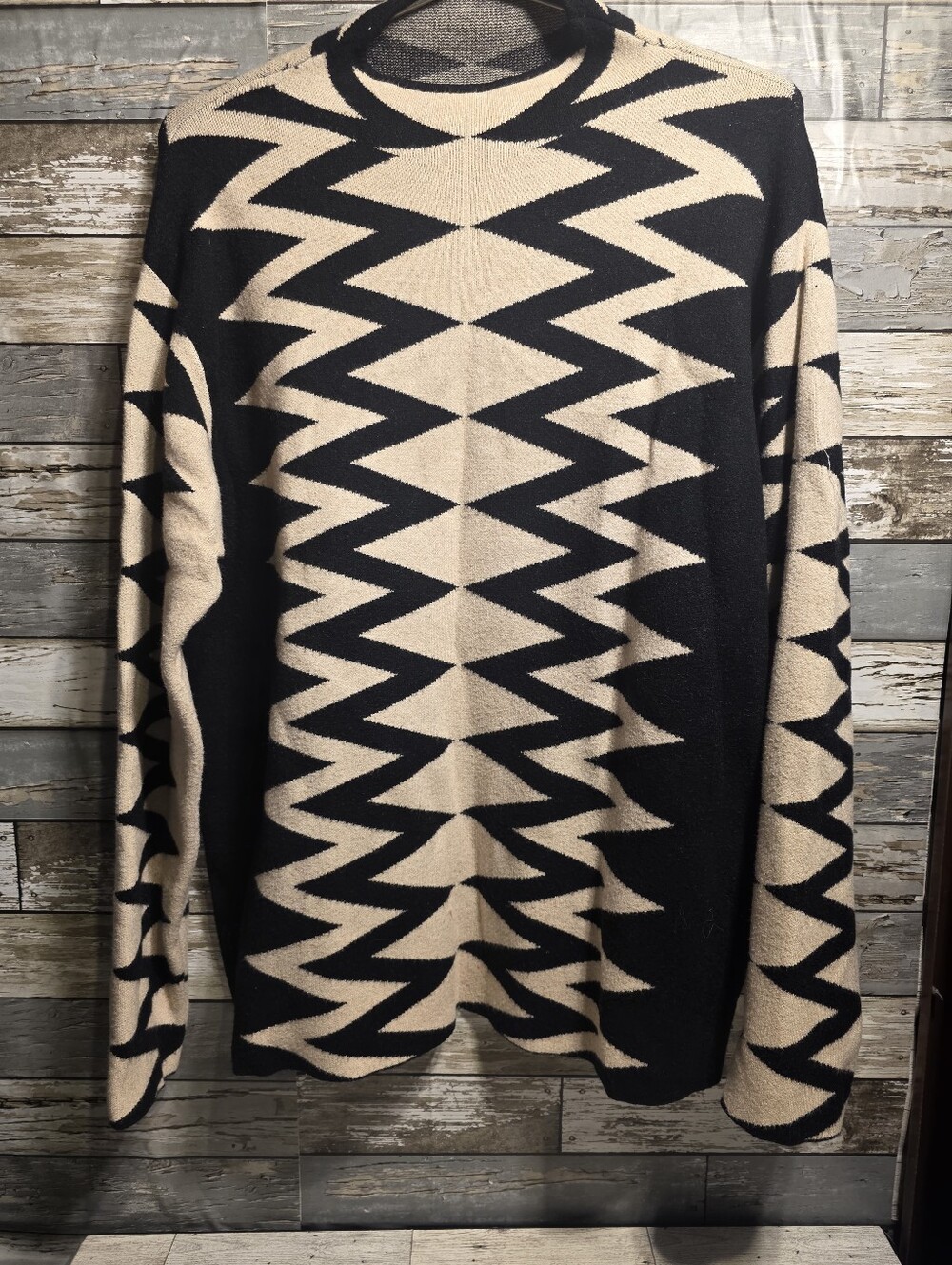 AKIRA Black & Cream Geometric Crewneck Sweater